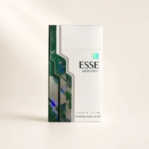 ESSE Menthol Mechanical Green Super Slim Cigarettes cigarette pack on a warm-white studio background