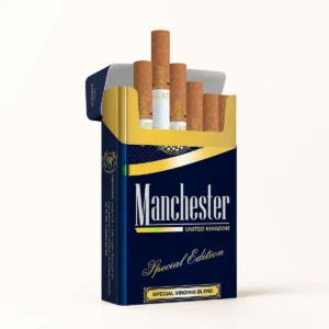 Manchester Blue Special Edition Cigarettes cigarette pack on a warm-white studio background
