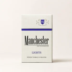 Manchester Light Blue Cigarettes cigarette pack on a warm-white studio background