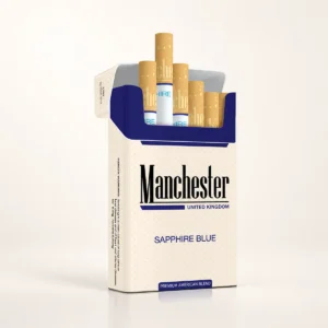 Manchester Sapphire Blue Cigarettes cigarette pack on a warm-white studio background