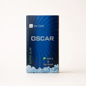 Oscar Super Slim Ice Cold Cigarettes cigarette pack on a warm-white studio background